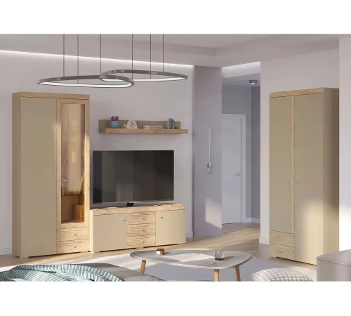 Шкаф 2-х дверный со стеклом и двумя ящиками ПАЛЕРМО 6-87002, дуб крафт золотой + капучино
