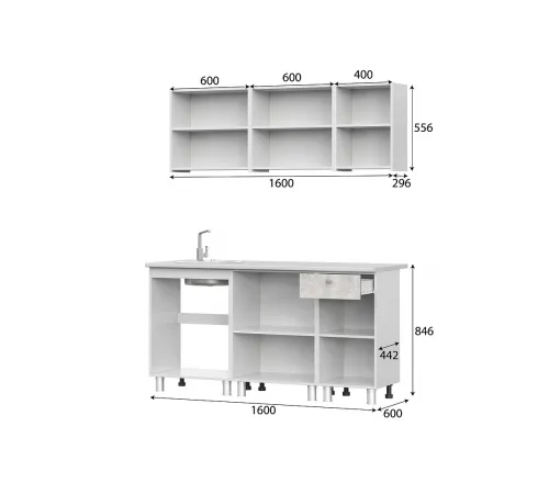 Кухонный гарнитур "КГ - 1(1600)" Белый / Белый / Цемент светлый / Антарес